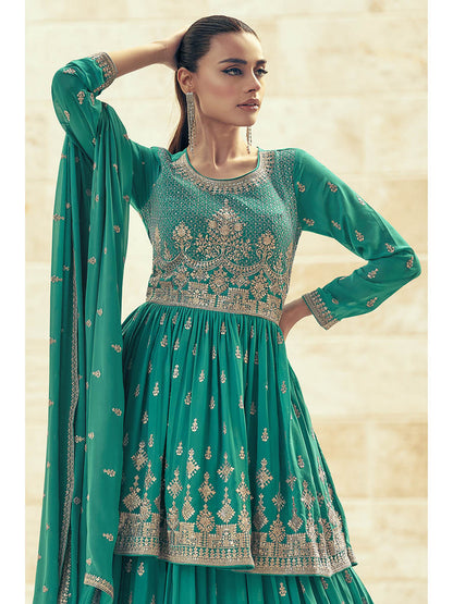 Myra Sea Green Real Georgette Gharara Style Embroidered Suit