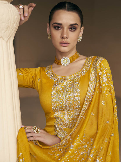 Myra Mustard Yellow Premium Silk Embroidered Pant Style Suit