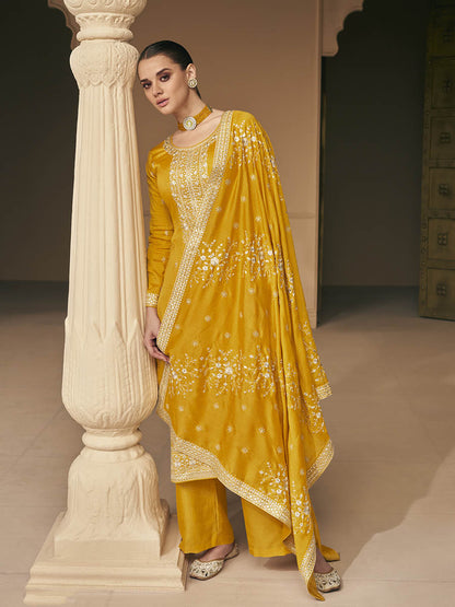 Myra Mustard Yellow Premium Silk Embroidered Pant Style Suit