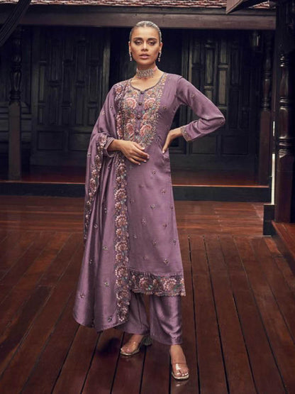 Myra Dusty Lilac Premium Silk Embroidered Suit