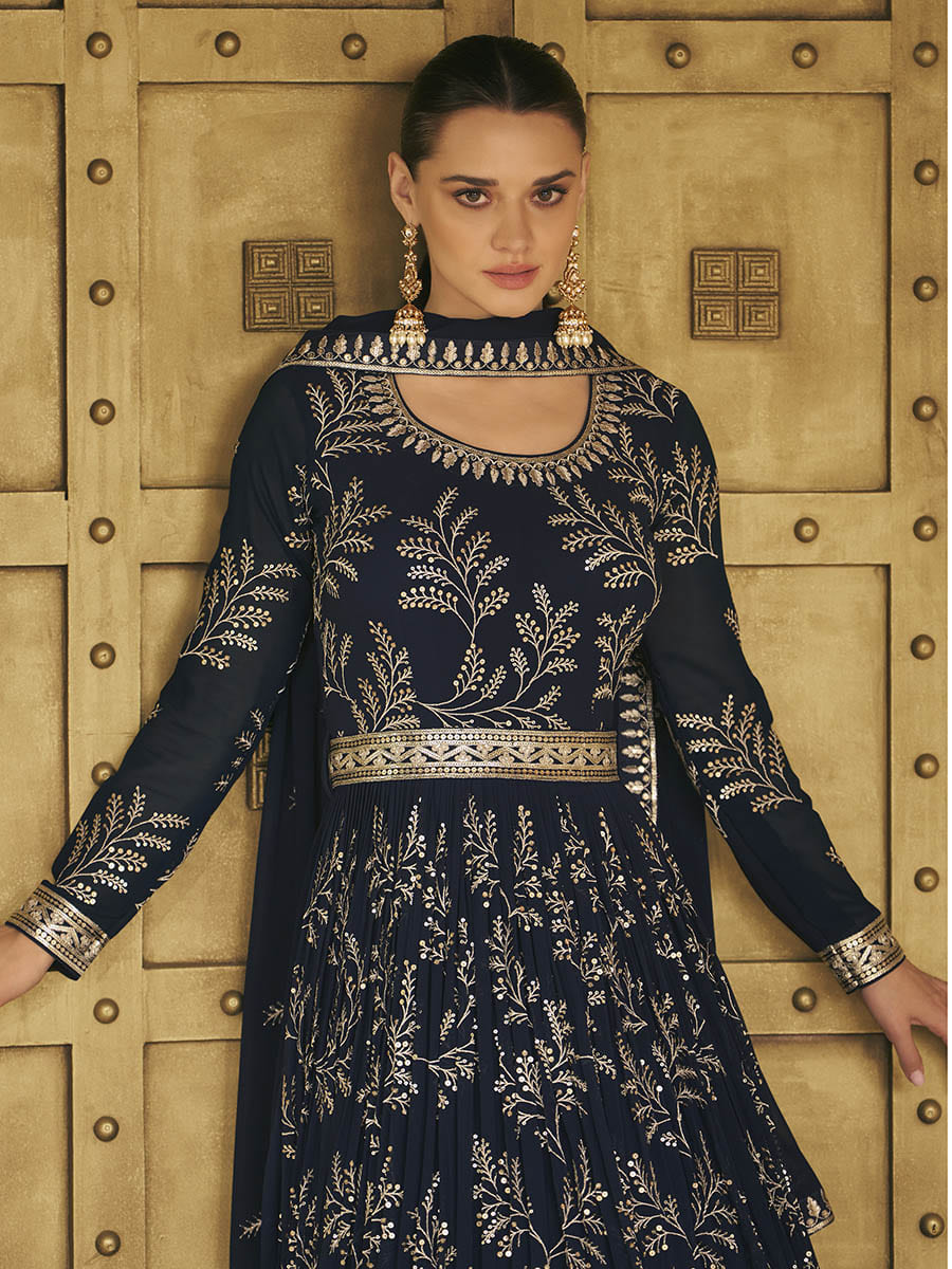 Myra Navy Blue Georgette Embroidered Designer Suit