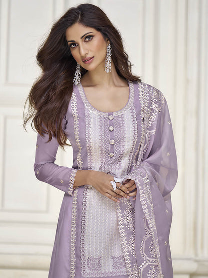 Myra Pastel Purple Organza Silk Embroidered Pant Style Suit