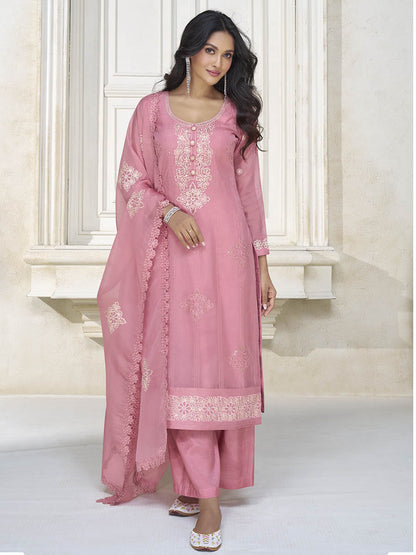 Myra Dusty Pink Organza Silk Embroidered Pant Style Suit