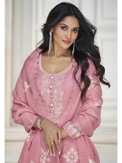 Myra Dusty Pink Organza Silk Embroidered Pant Style Suit