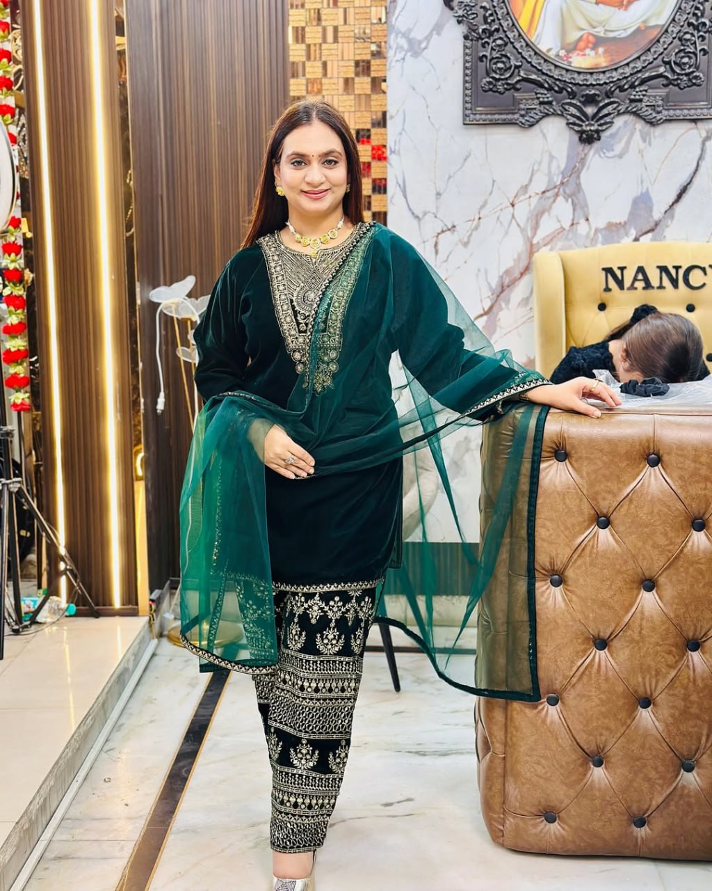 Lehenga Mart Styleylish Velvet Sequence Embroidery Work Suit Pant With Dupatta -Green