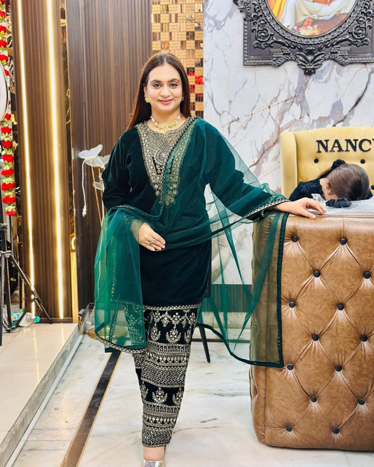 Lehenga Mart Styleylish Velvet Sequence Embroidery Work Suit Pant With Dupatta -Green