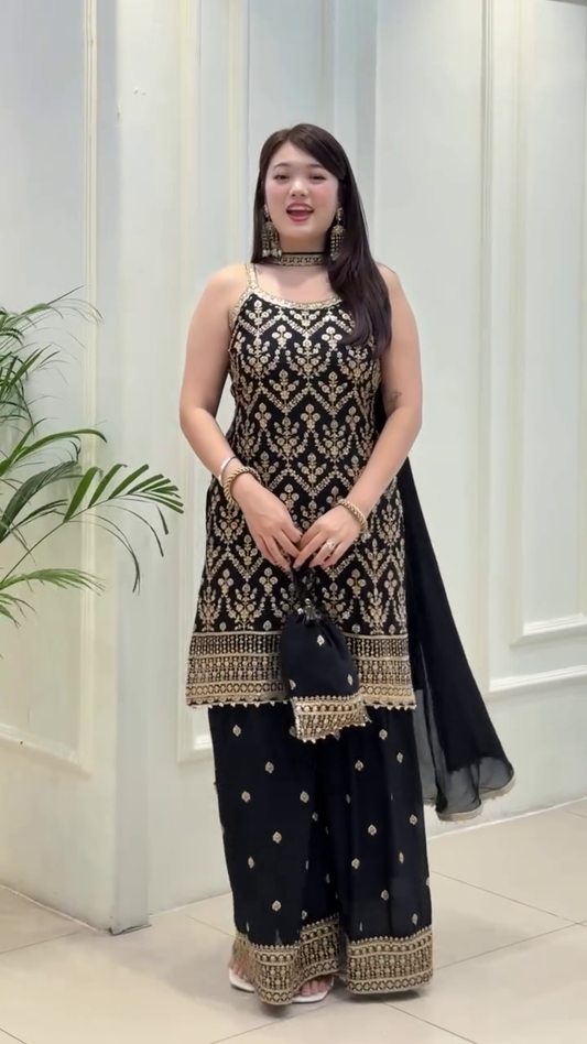 Lehenga Mart Designer Sequence Embroidery Top And Palazzo With Dupatta Set-Black