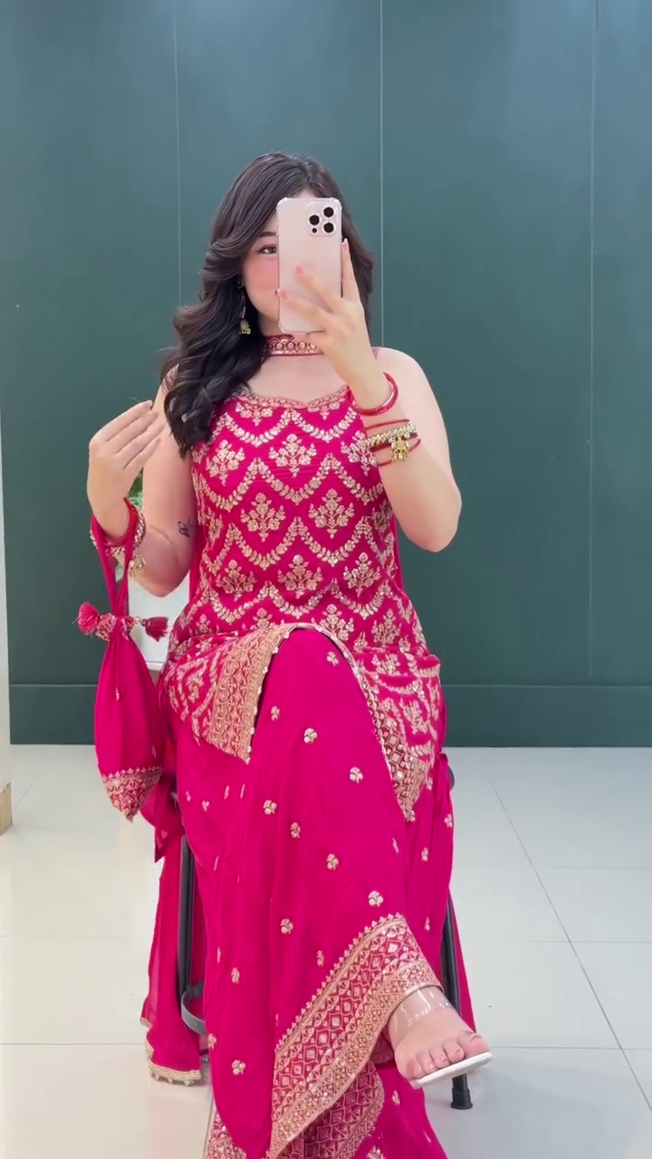 Lehenga Mart Designer Sequence Embroidery Top And Palazzo With Dupatta Set-Pink