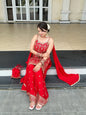 Lehenga Mart Designer Sequence Embroidery Top And Palazzo With Dupatta Set-Red