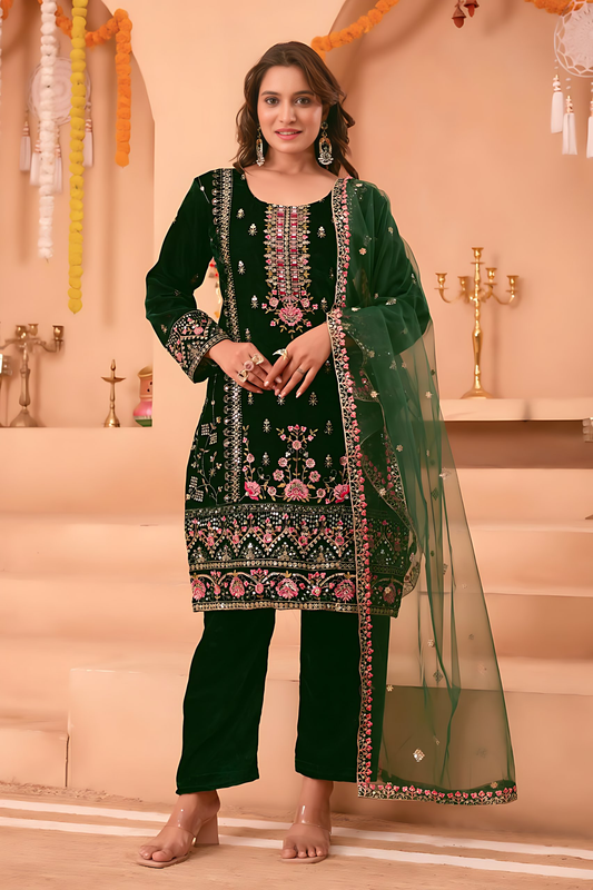 Lehenga Mart Designer Velvet Sequence Embroidery Work Suit Pant With Dupatta Set-Green