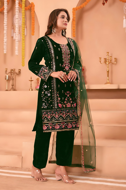 Lehenga Mart Designer Velvet Sequence Embroidery Work Suit Pant With Dupatta Set-Green