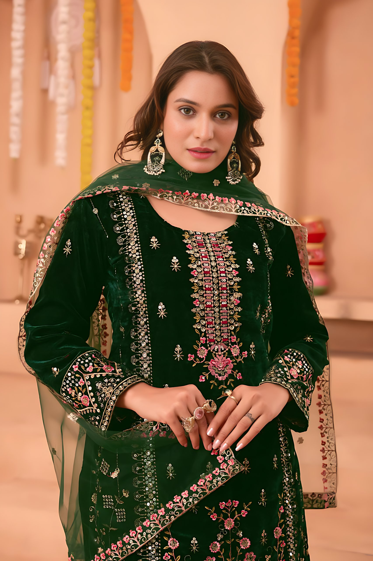 Lehenga Mart Designer Velvet Sequence Embroidery Work Suit Pant With Dupatta Set-Green