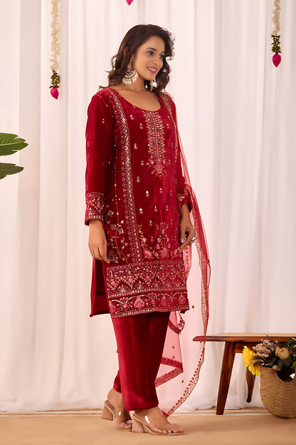 Lehenga Mart Designer Velvet Sequence Embroidery Work Suit Pant With Dupatta Set-Red