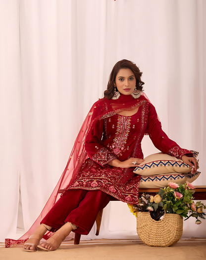 Lehenga Mart Designer Velvet Sequence Embroidery Work Suit Pant With Dupatta Set-Red