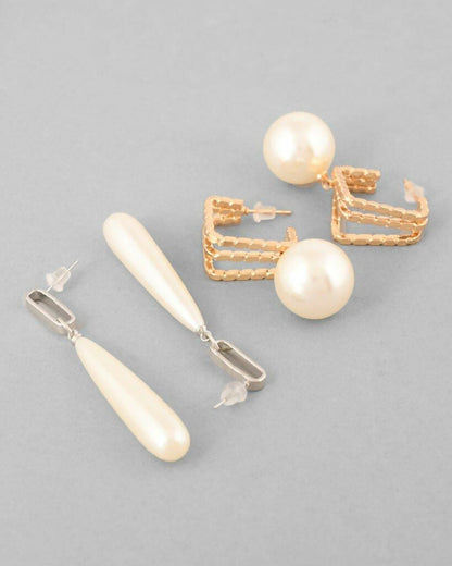 VOJ Set Of 2 Korean Drop Earrings - Gold-Polished and Silver Plated With White Pearl