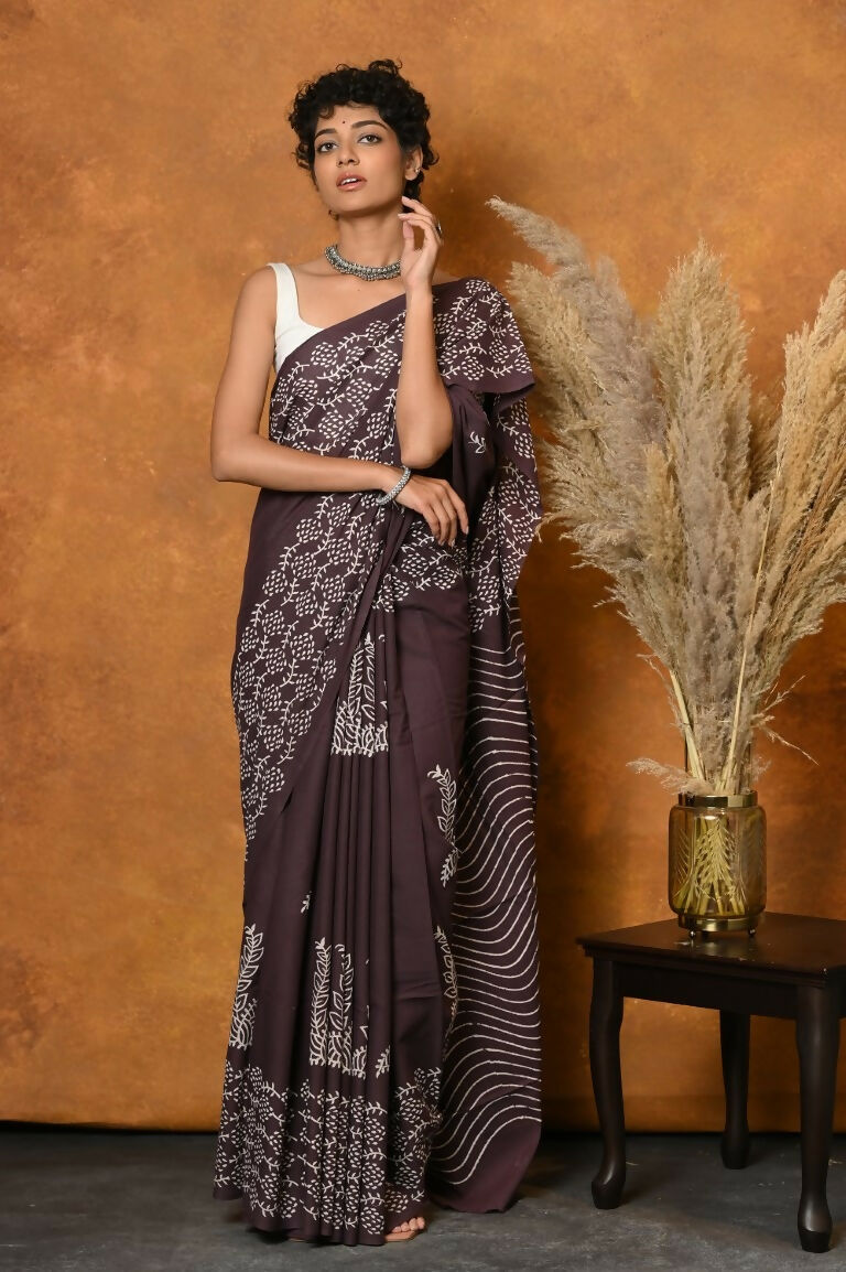 Very Much Indian Handblock Printed Cotton Saree With Natural Dyes - Brown