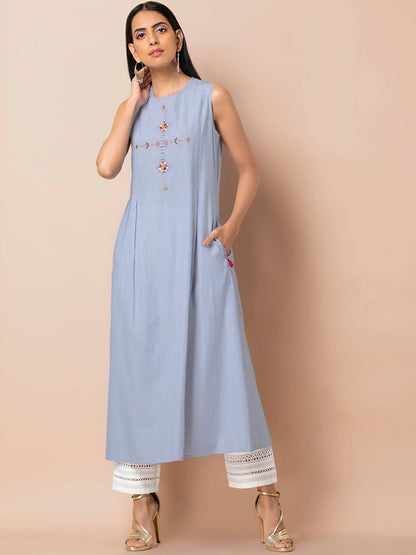 Indya Women Blue Solid A-Line Kurta