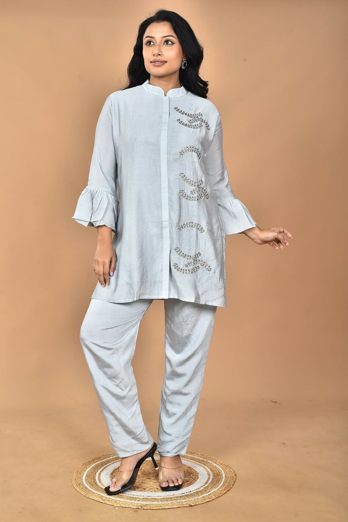 Morchari Women Hand Embroidery Co-Ords-Grey