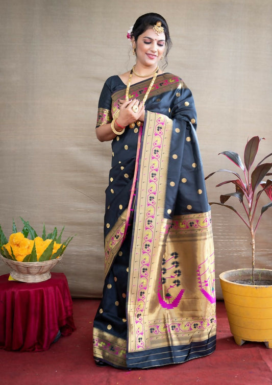 Jyoti Fashion Women's Black Paithani Silk Zari Woven Saree with Blouse