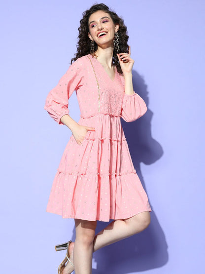 Ahalyaa Pink & Beige Geometric Print Puff Sleeves Ethnic Dress