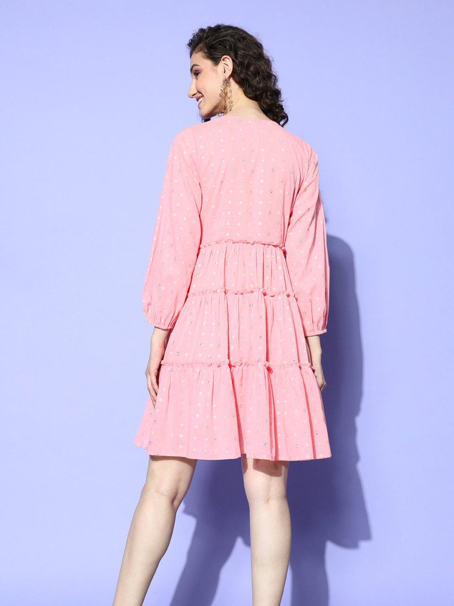 Ahalyaa Pink & Beige Geometric Print Puff Sleeves Ethnic Dress