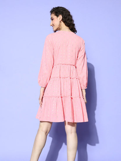 Ahalyaa Pink & Beige Geometric Print Puff Sleeves Ethnic Dress