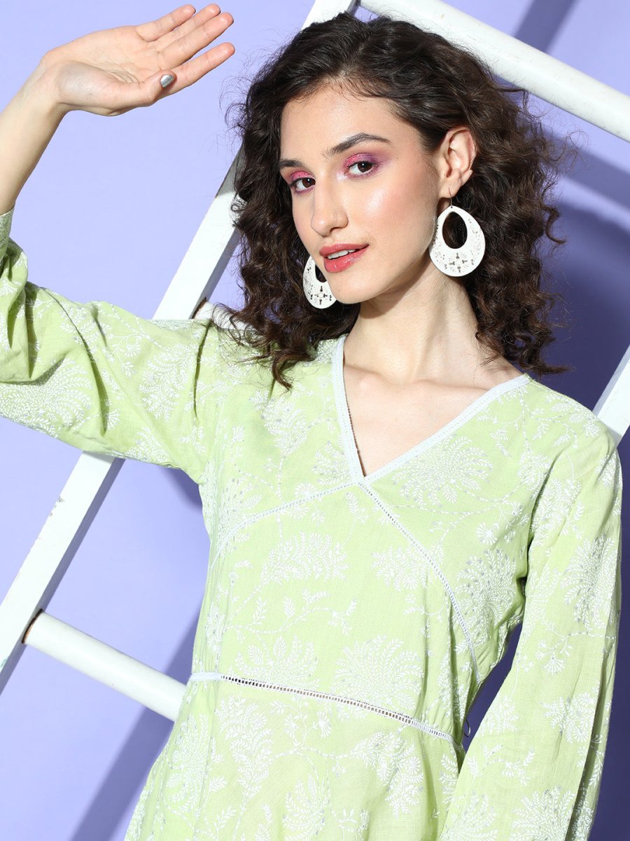 Ahalyaa Green & White Floral Print Puff Sleeves Ethnic Dress