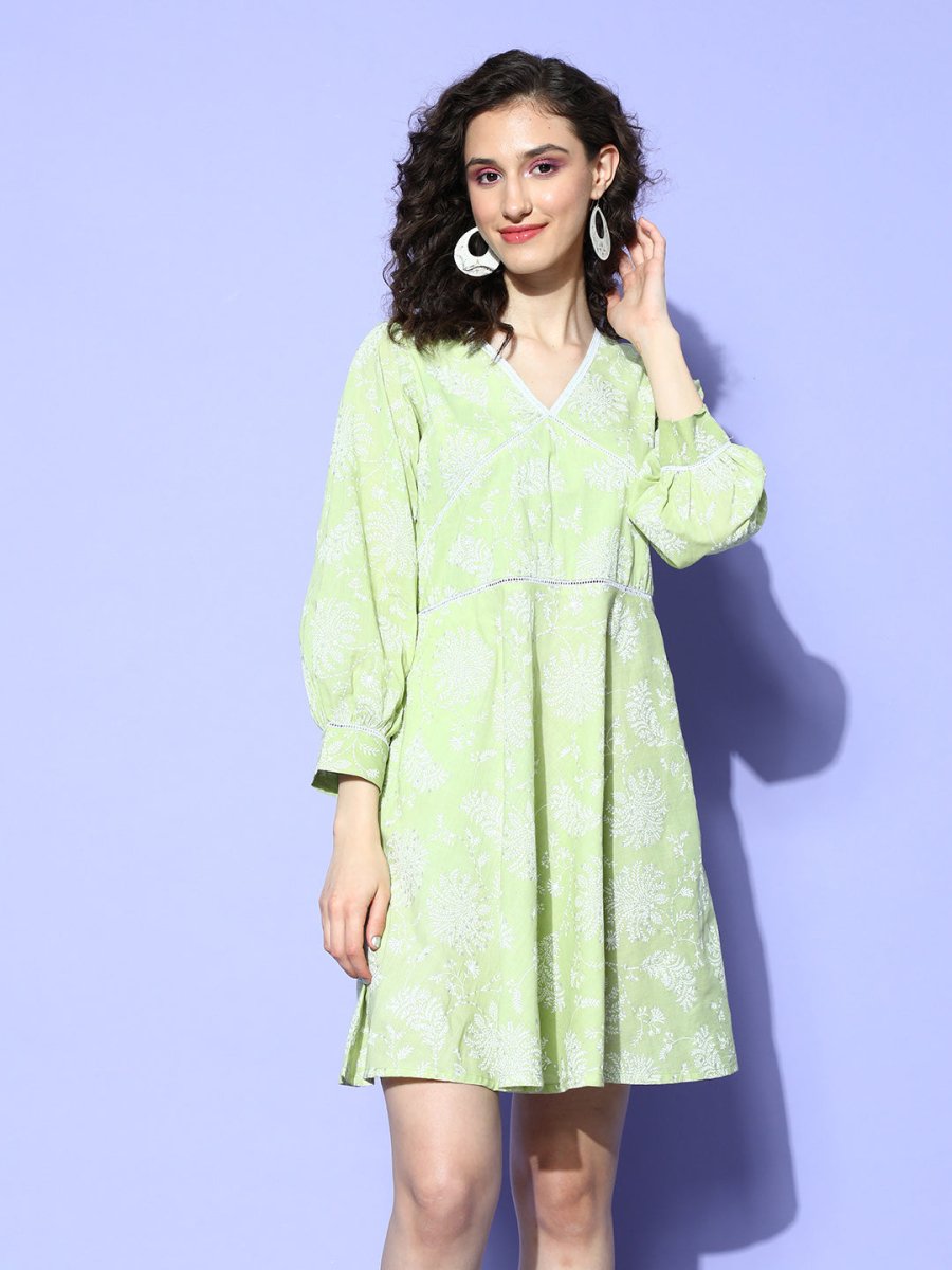 Ahalyaa Green & White Floral Print Puff Sleeves Ethnic Dress