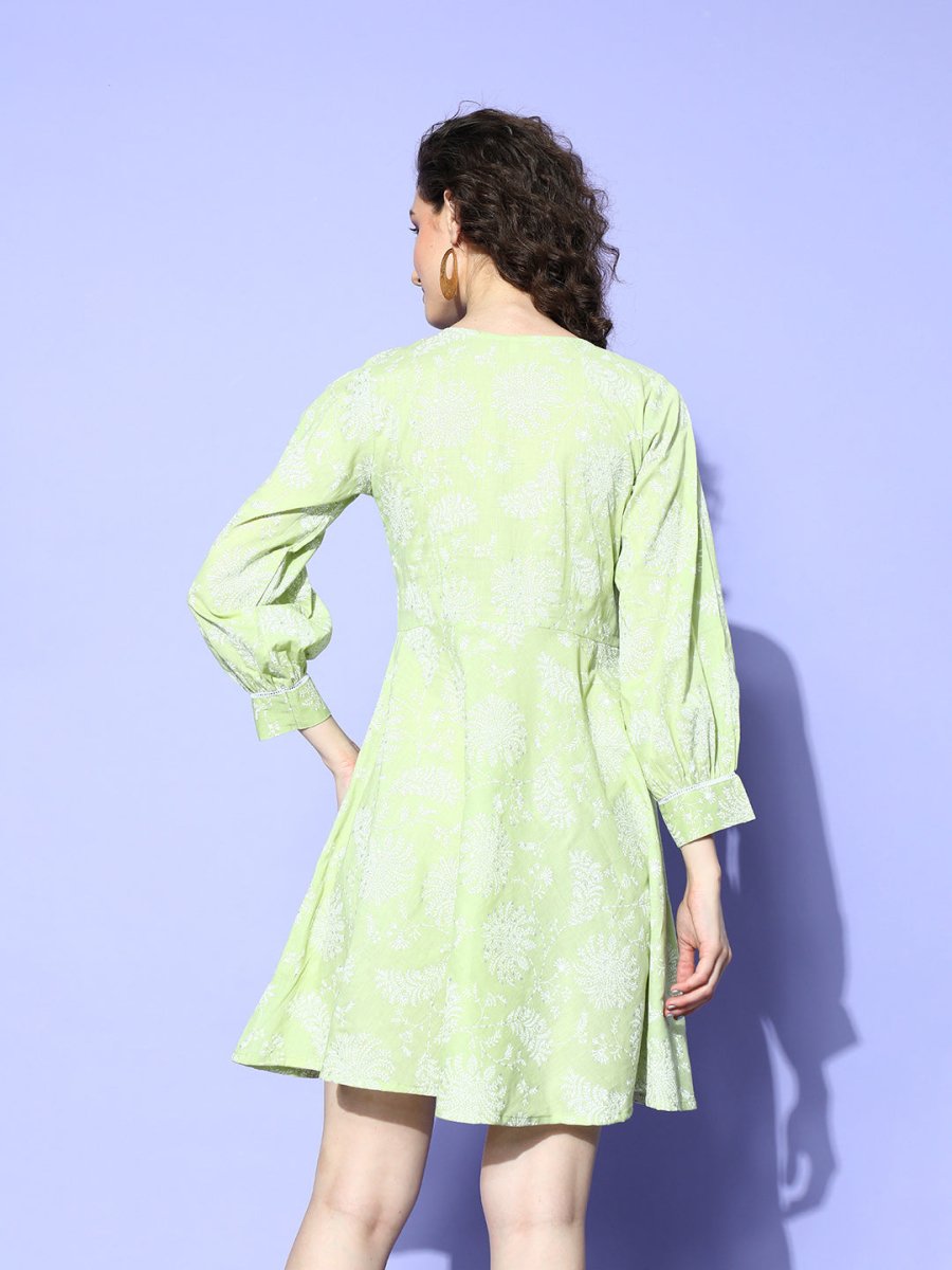 Ahalyaa Green & White Floral Print Puff Sleeves Ethnic Dress