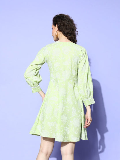 Ahalyaa Green & White Floral Print Puff Sleeves Ethnic Dress