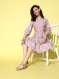 Ahalyaa Mauve & White Floral Print Puff Sleeves Ethnic Dress