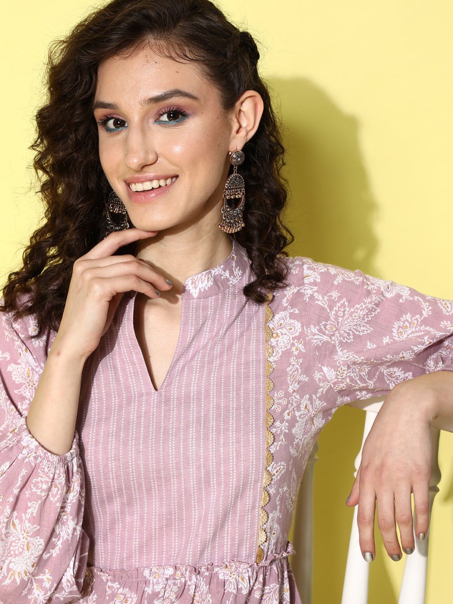 Ahalyaa Mauve & White Floral Print Puff Sleeves Ethnic Dress