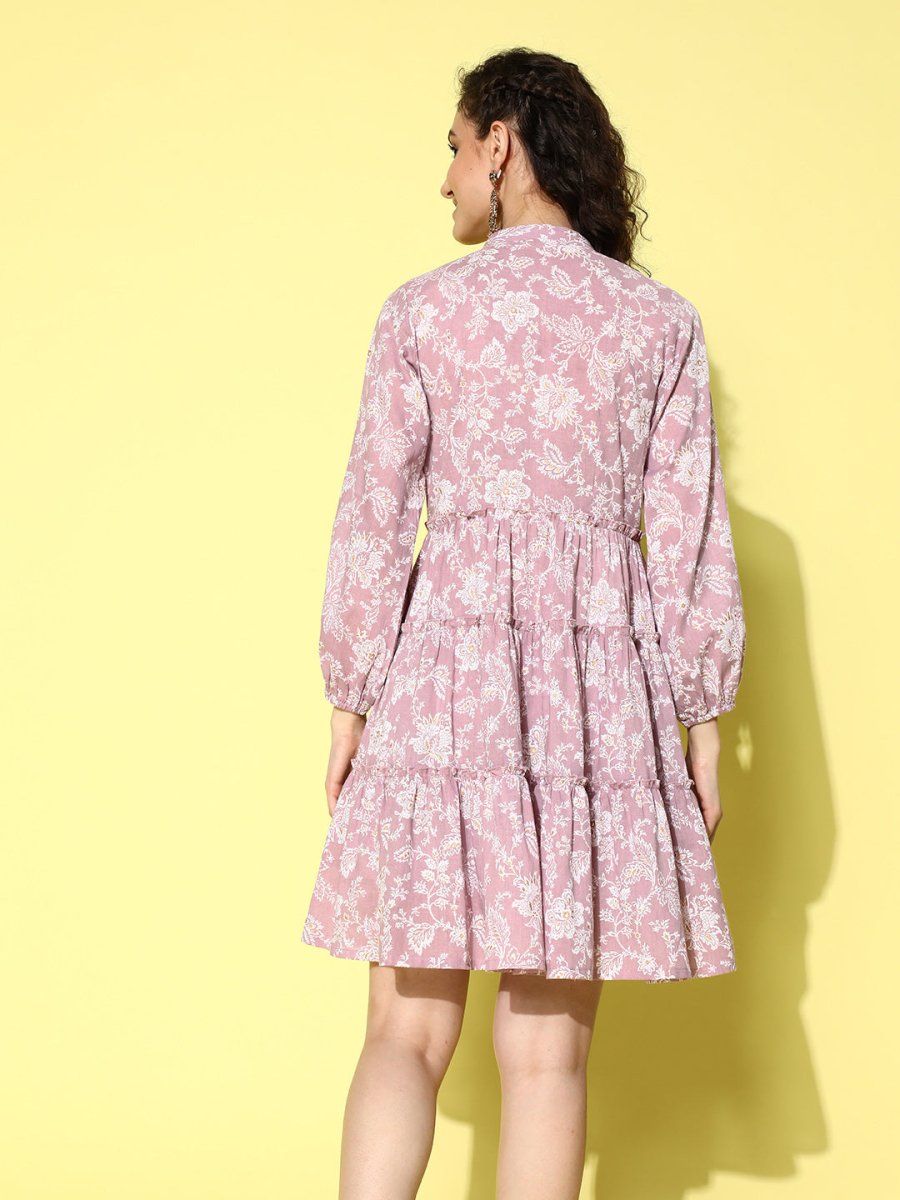 Ahalyaa Mauve & White Floral Print Puff Sleeves Ethnic Dress