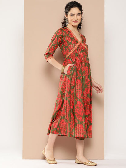 Ahalyaa Floral Print Crepe A-Line Midi Dress