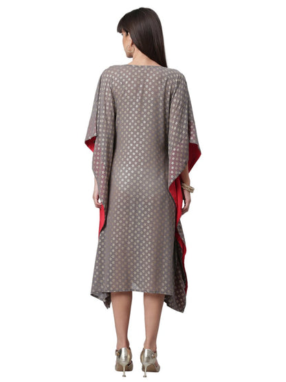 Ahalyaa Women Grey & Golden Ethnic Motifs Printed Flared Sleeves Beautiful Kaftan Kurta