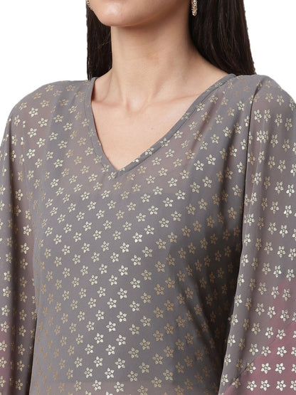 Ahalyaa Women Grey & Golden Ethnic Motifs Printed Flared Sleeves Beautiful Kaftan Kurta