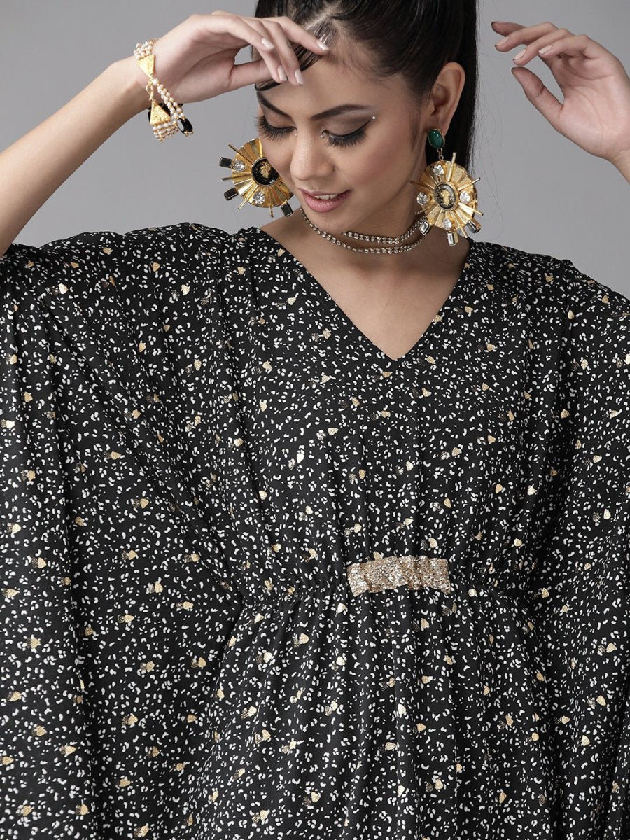 Ahalyaa Women Black & White Printed Flared Sleeves Kaftan Kurta