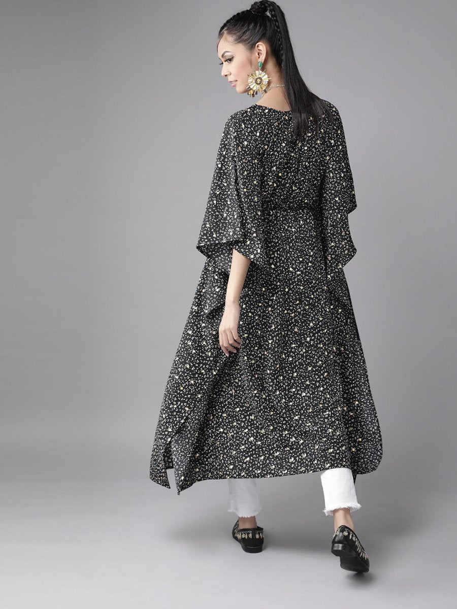 Ahalyaa Women Black & White Printed Flared Sleeves Kaftan Kurta