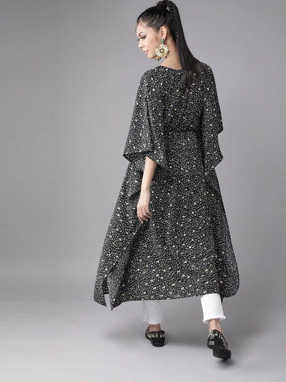 Ahalyaa Women Black & White Printed Flared Sleeves Kaftan Kurta
