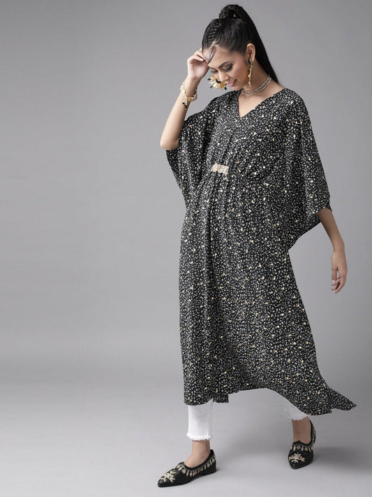 Ahalyaa Women Black & White Printed Flared Sleeves Kaftan Kurta