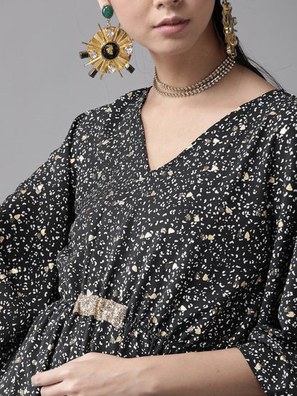 Ahalyaa Women Black & White Printed Flared Sleeves Kaftan Kurta