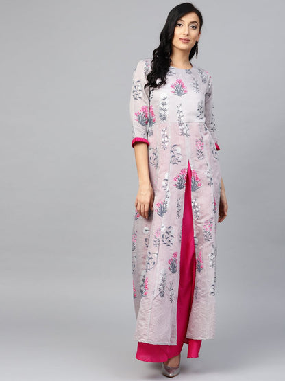 Ahalyaa Women Grey & Pink Floral Printed Layered Beautiful Maxi Dress