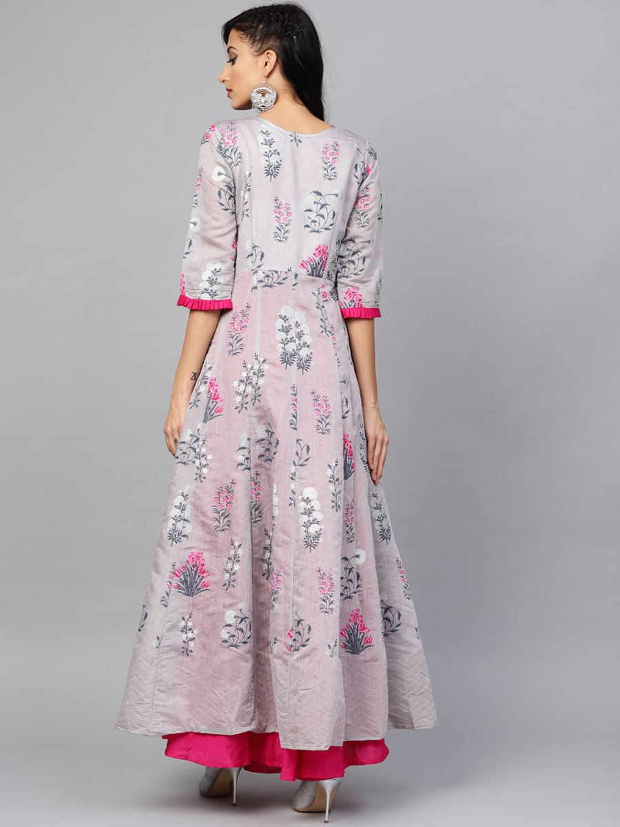 Ahalyaa Women Grey & Pink Floral Printed Layered Beautiful Maxi Dress