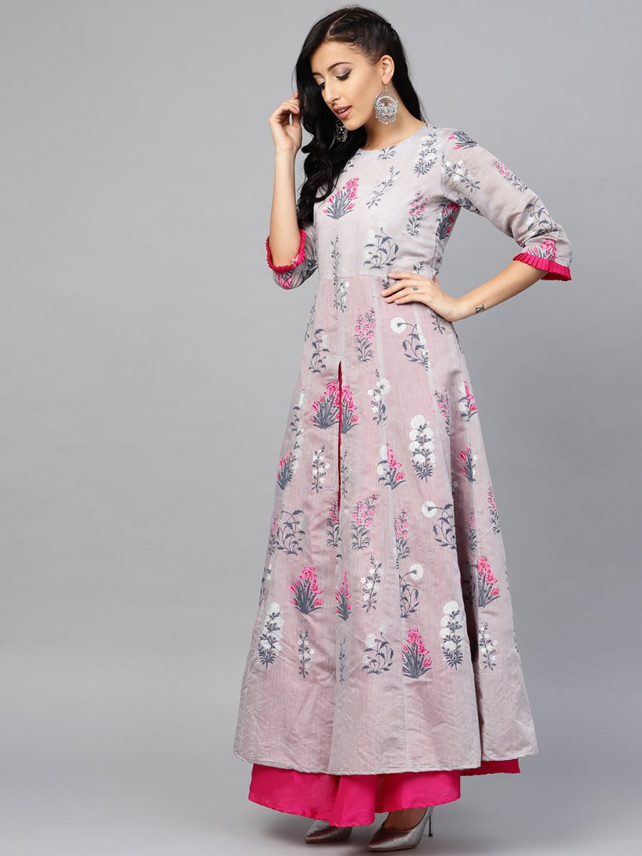 Ahalyaa Women Grey & Pink Floral Printed Layered Beautiful Maxi Dress