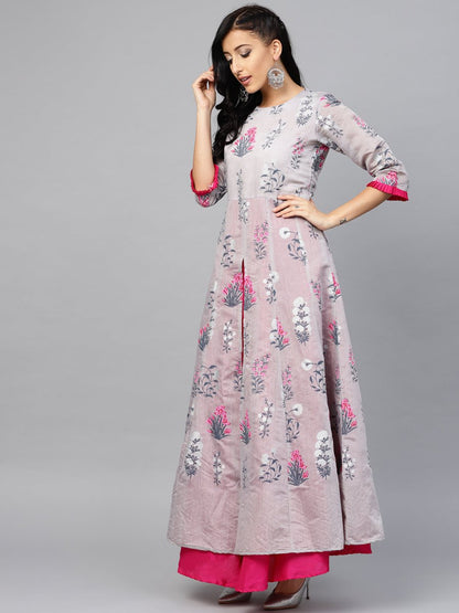 Ahalyaa Women Grey & Pink Floral Printed Layered Beautiful Maxi Dress