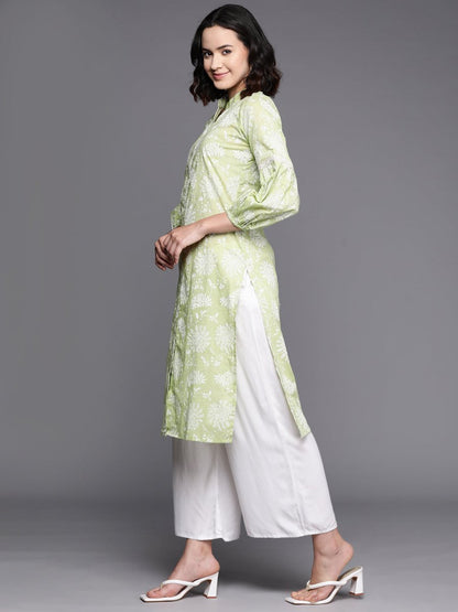Ahalyaa Floral Printed Zari Mandarin Collar Puff Sleeves Pure Cotton Kurta