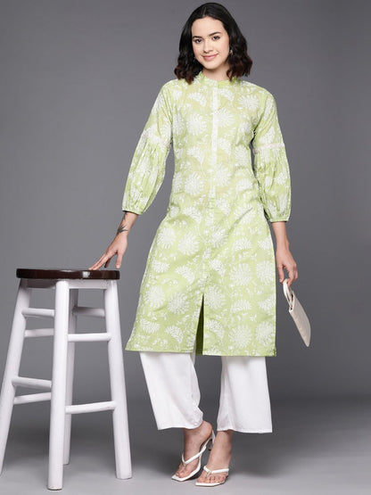 Ahalyaa Floral Printed Zari Mandarin Collar Puff Sleeves Pure Cotton Kurta