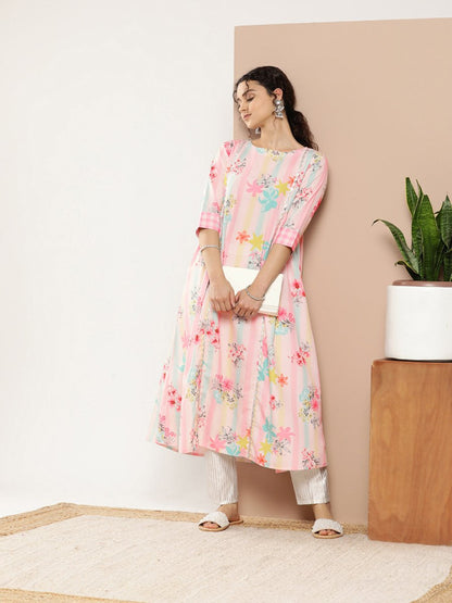 Ahalyaa Women Pink & Green Printed Gotta Patti Floral Crepe Kurta