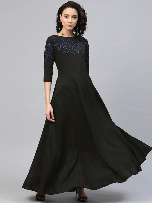 Ahalyaa Women Black Long Flared Kurta Dress