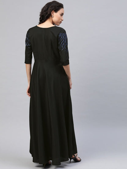 Ahalyaa Women Black Long Flared Kurta Dress